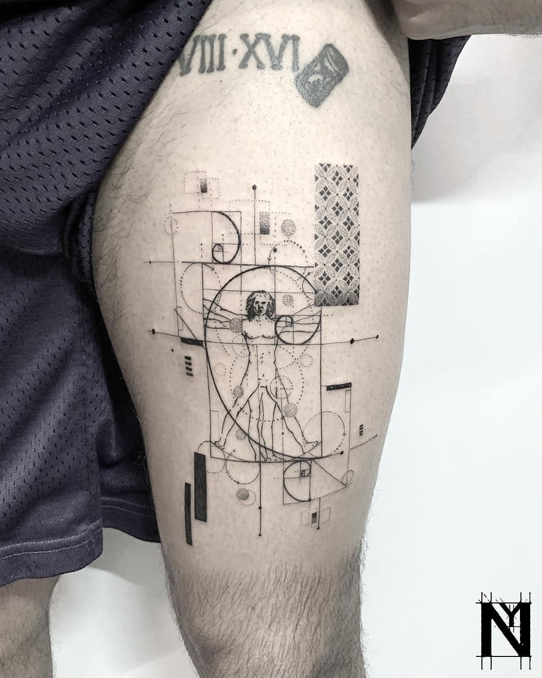 Stylish Fibonacci and Vitruvian tattoo design Tattoo Design