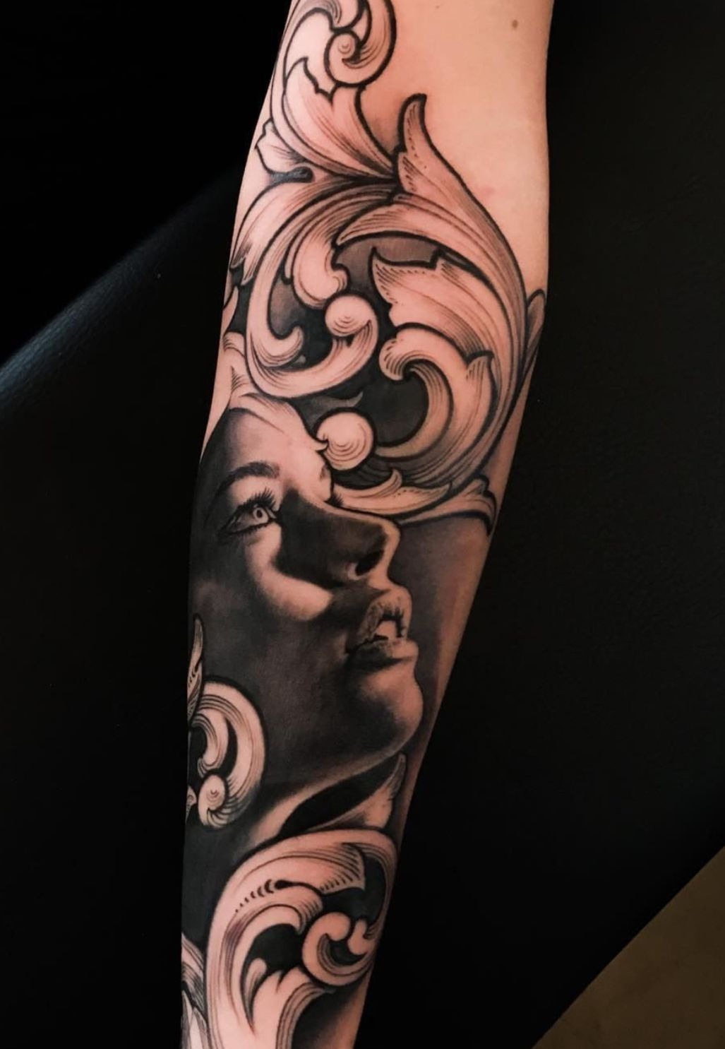 Portrait and Filigree Forearm Tattoo Tattoo Design