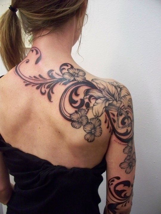 Shoulder and Back Filigree with Florals Tattoo Design