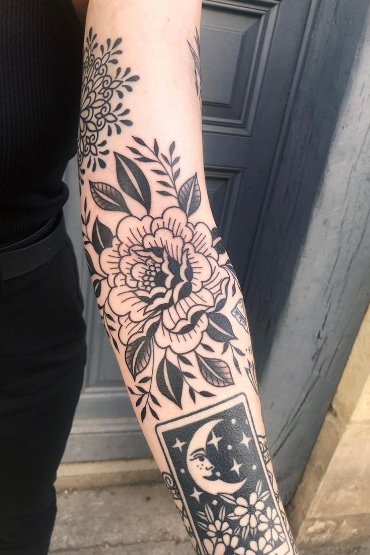 Bold Botanical Filler with Decorative Circular Details, a tattoo design rendered in clean detailed linework for the sleeve.