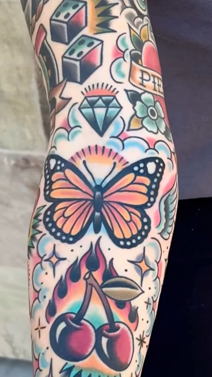 Colorful Clouds, Sparkles, and Classic Mini Motifs, a tattoo design rendered in clean detailed linework for the sleeve.
