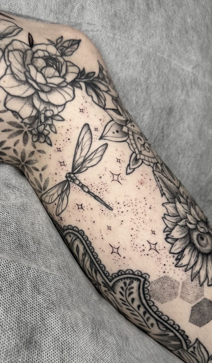 Dragonfly Sparkles and Fine Dotwork, a tattoo design rendered in delicate fine-line.