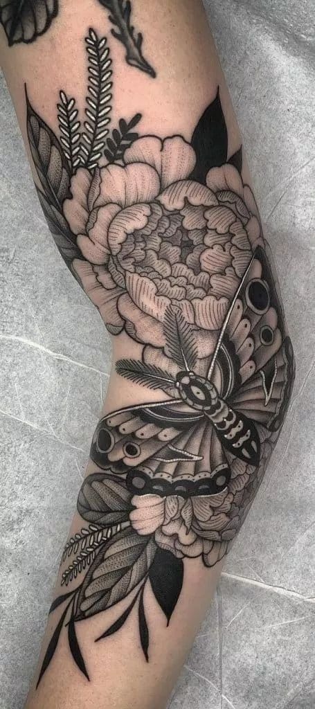 Moth and Peonies with Bold Botanical Backgrounds, a tattoo design rendered in clean detailed linework.