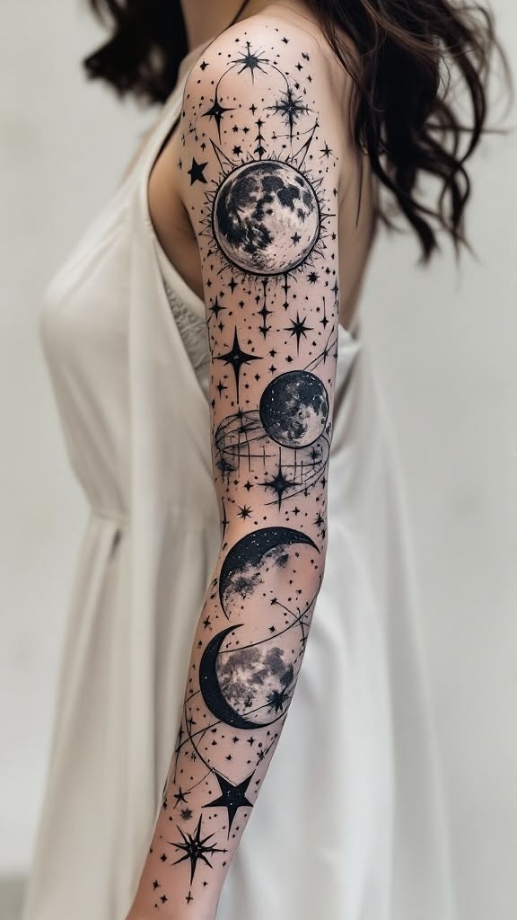 Stars and Sparkles Around Moon Phase Tattoos, a tattoo design rendered in clean detailed linework for the sleeve.