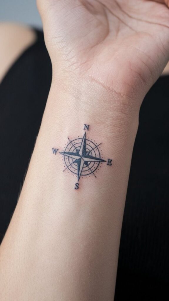 Small fine line compass rose tattoo on the inner wrist
