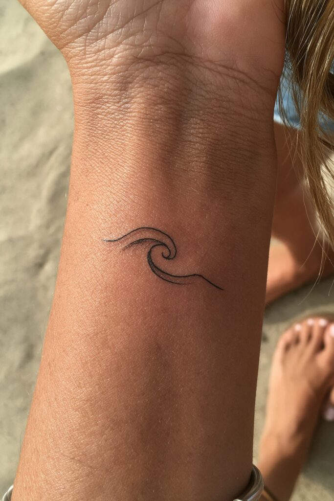 Single fine line wave tattoo on the wrist