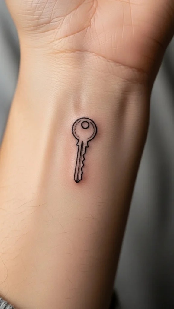 Tiny fine line key tattoo on the inner wrist
