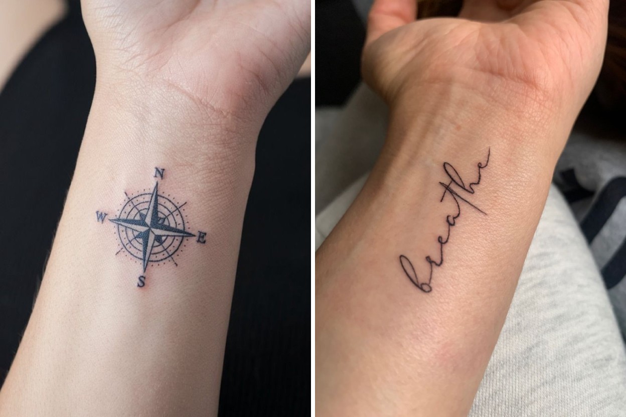 Two fine line wrist tattoos for women: a small compass rose and a script breathe design