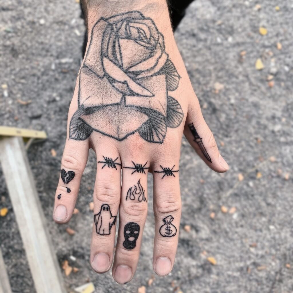 Diamond, Dragonfly, Cross, and Crown Finger Tattoos Tattoo Design
