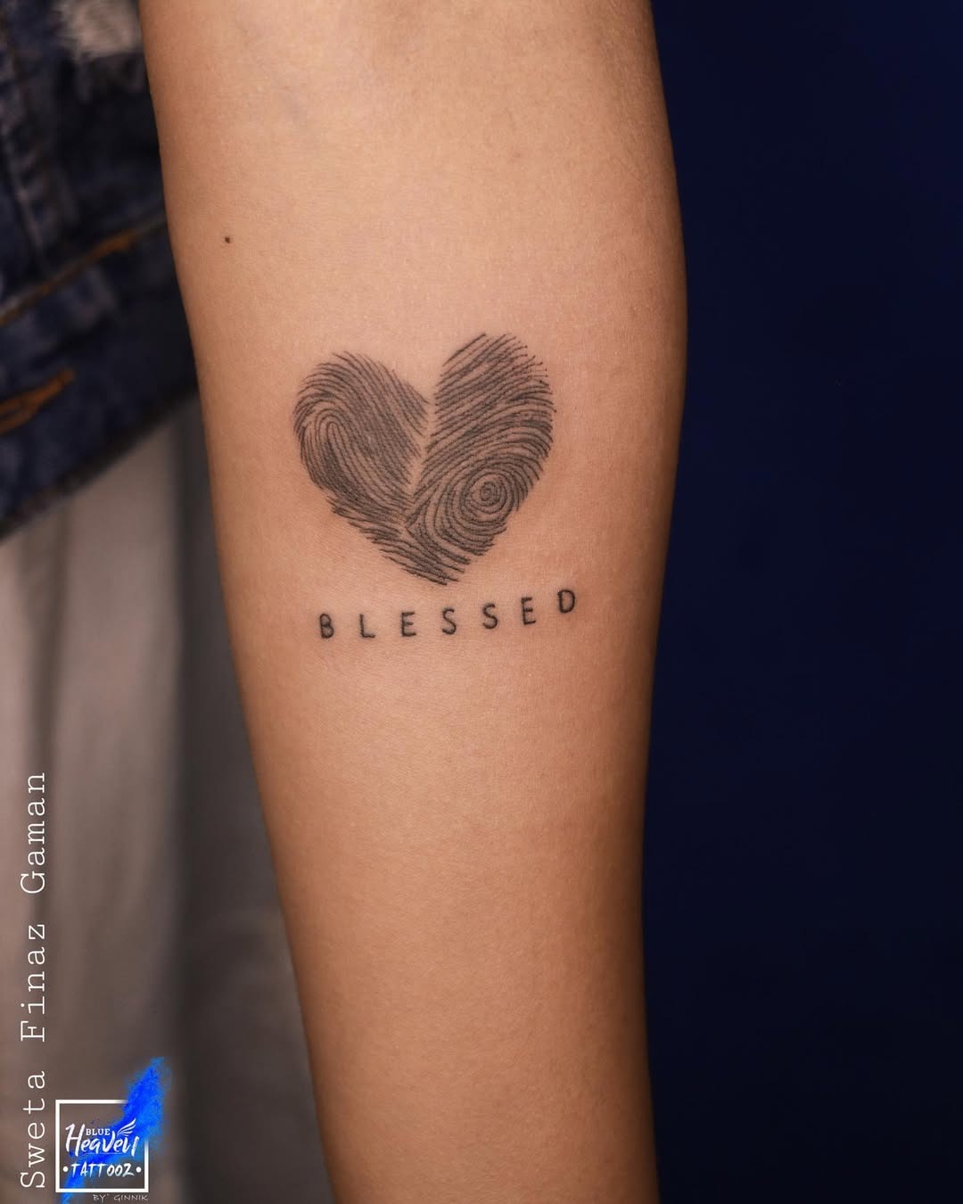 Artistic fingerprint heart tattoo with ‘Blessed’ Tattoo Design