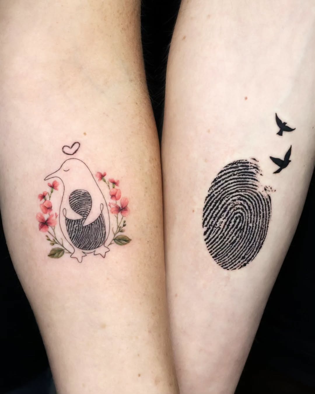 Charming Penguin Fingerprint Tattoo with Floral Accents Tattoo Design
