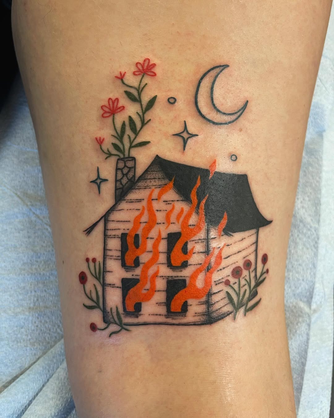Charming house tattoo engulfed in flames Tattoo Design