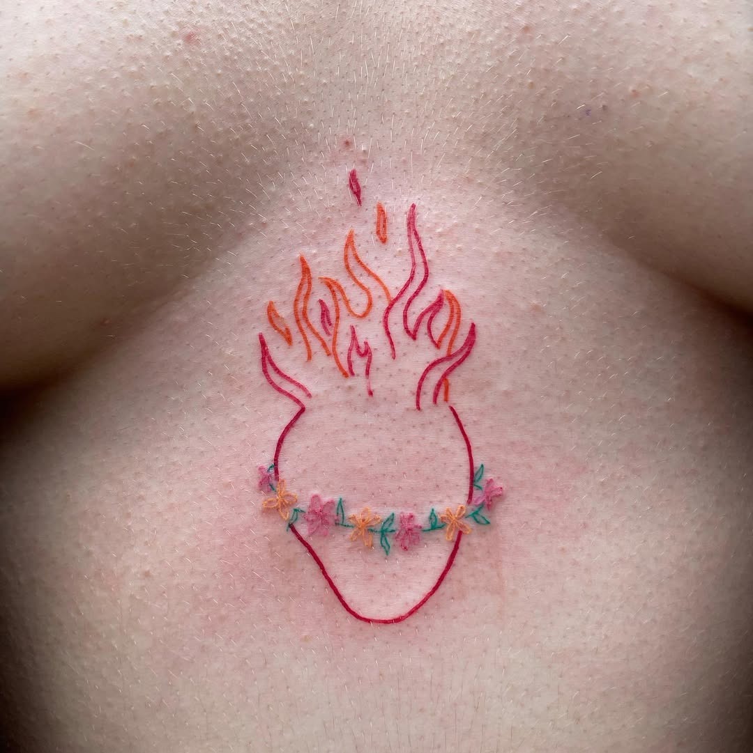 Colorful Heart with Fiery Flames Tattoo Tattoo Design