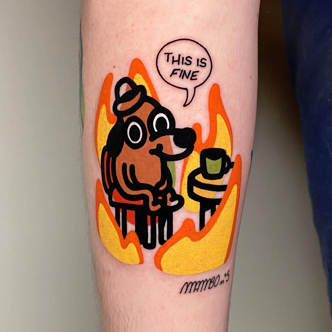 Humorous dog surrounded by vibrant flames tattoo Tattoo Design