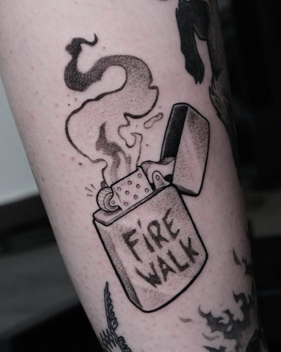 Illustrative fire walk tattoo with lighter design Tattoo Design
