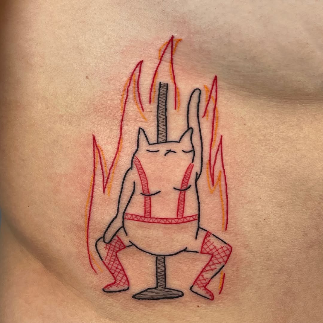 Whimsical feline dancer amidst vibrant flames Tattoo Design