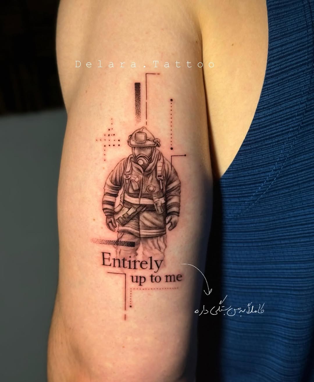 This tattoo showcases a firefighter in full gear, complete with a gas mask, symbolizing bravery and resilience.