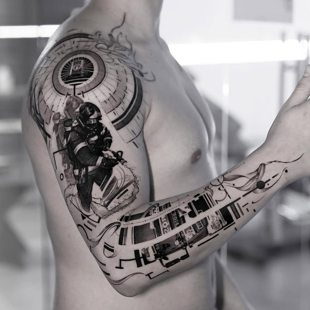 This stunning tattoo showcases a firefighter in action, skillfully rendered in bold black and gray ink.