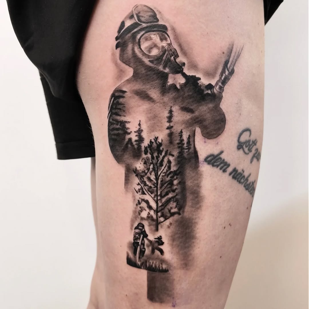 This tattoo showcases a firefighter in action surrounded by a detailed woodland design.