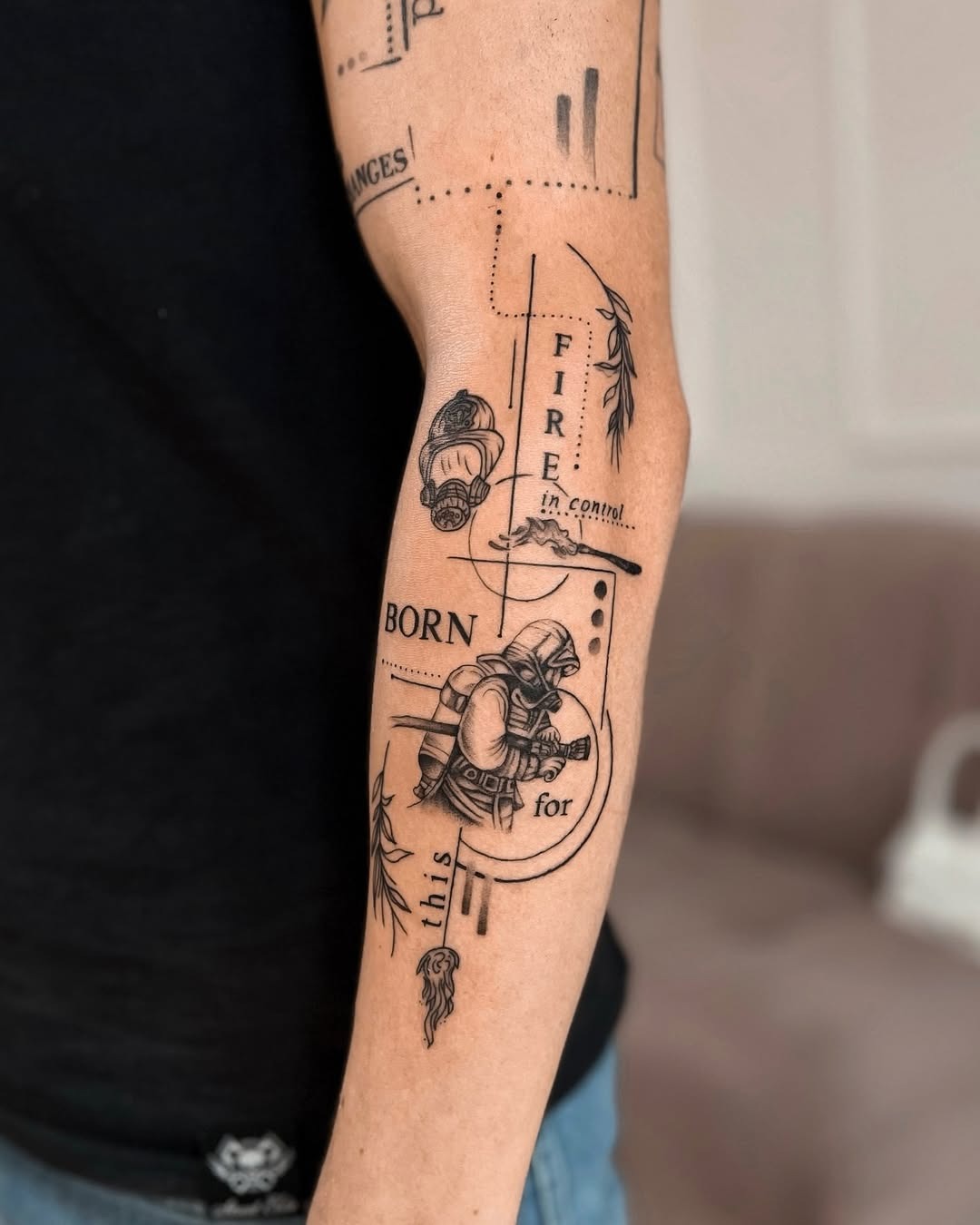 This tattoo features a skilled firefighter immersed in action, embodying bravery and dedication.