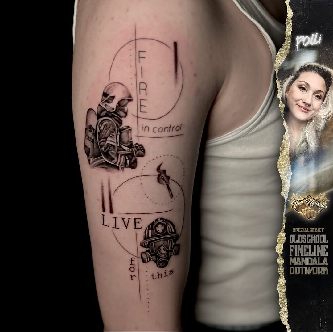 This tattoo showcases a firefighter in action, emphasizing bravery and dedication.