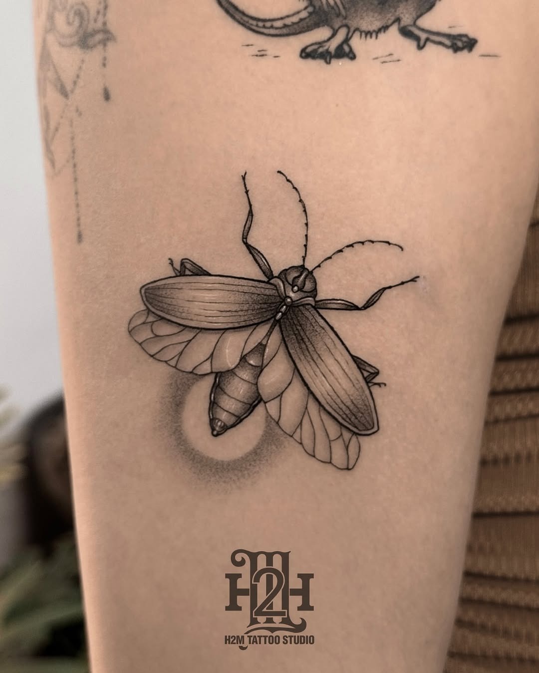 This firefly tattoo showcases stunning black and white artistry.