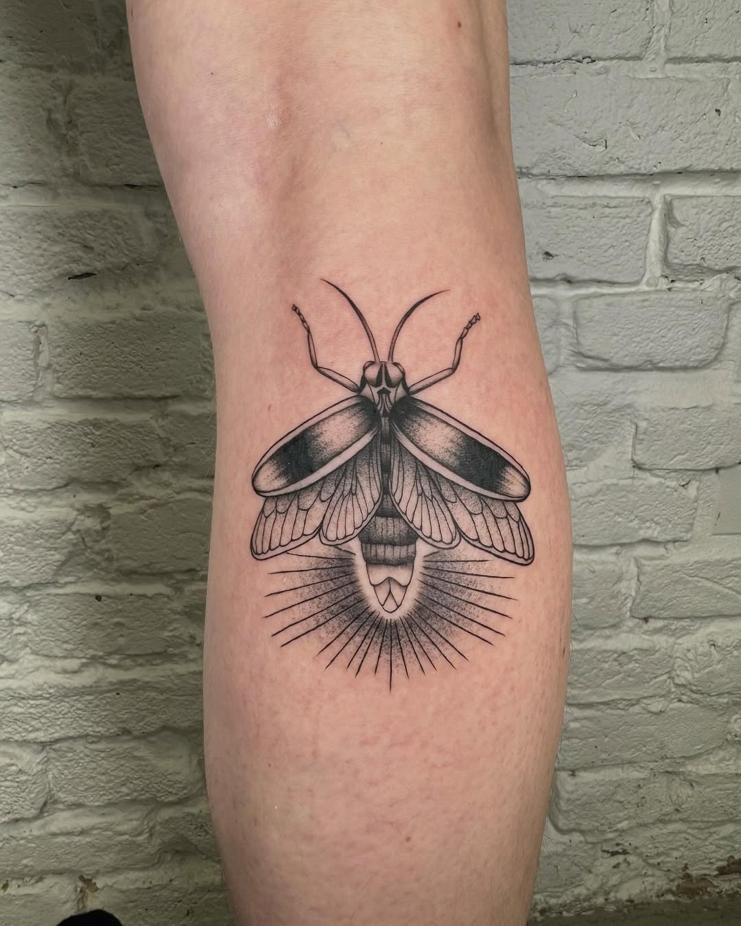 This striking firefly tattoo showcases intricate black ink detailing that captivates the eye.