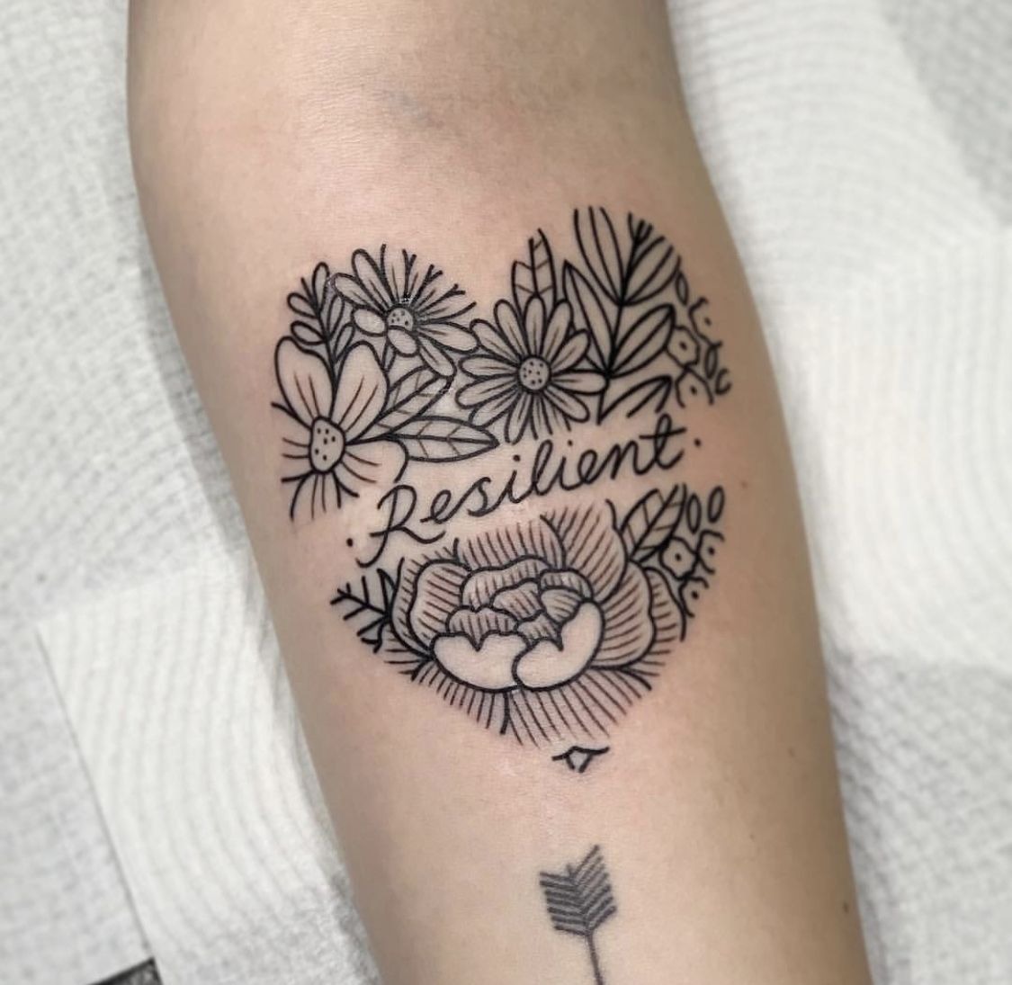 Floral "Resilient" Script Tattoo Design