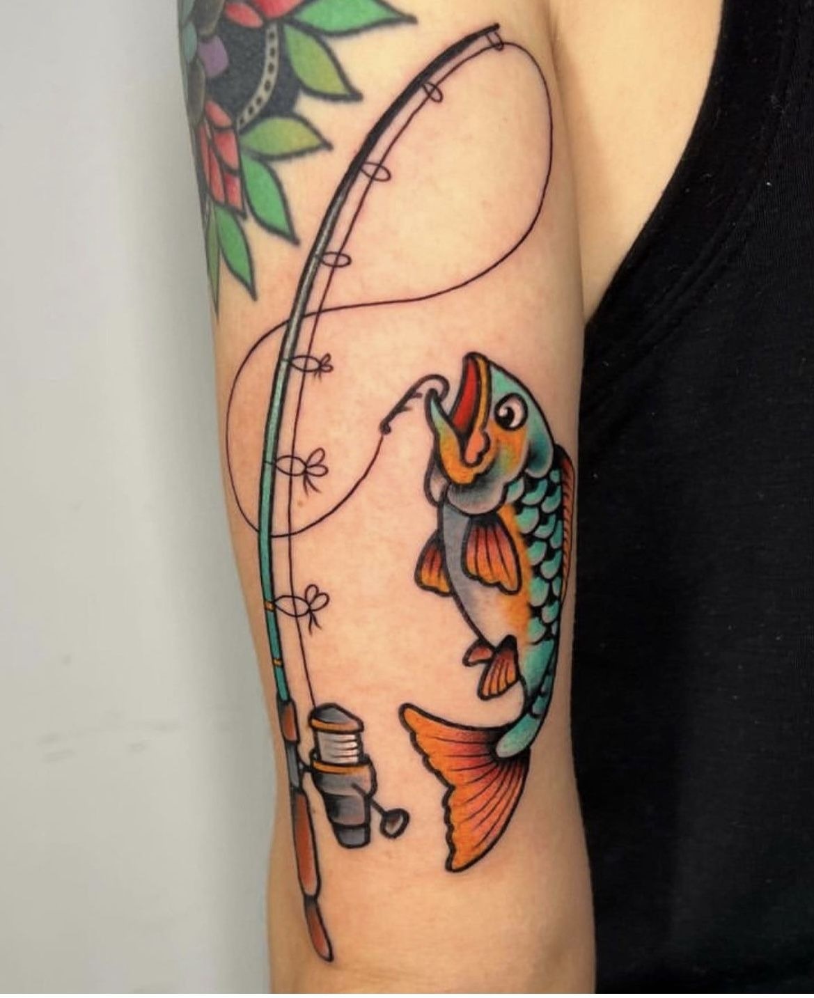 Colorful Carp Fishing Rod Design, a tattoo design rendered in clean detailed linework for the arm.