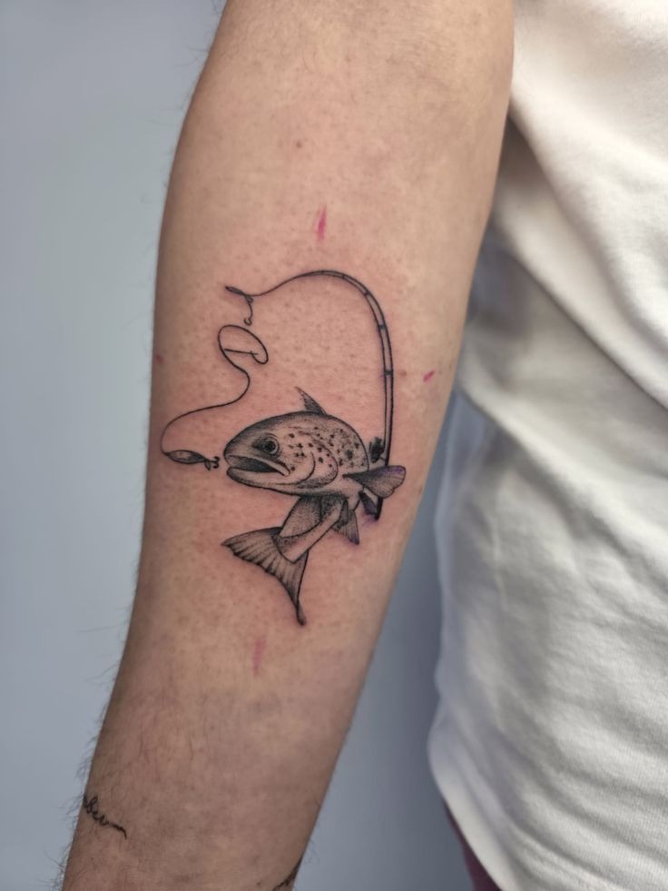 Fine Line Trout Rod Tattoo, a tattoo design rendered in clean detailed linework.