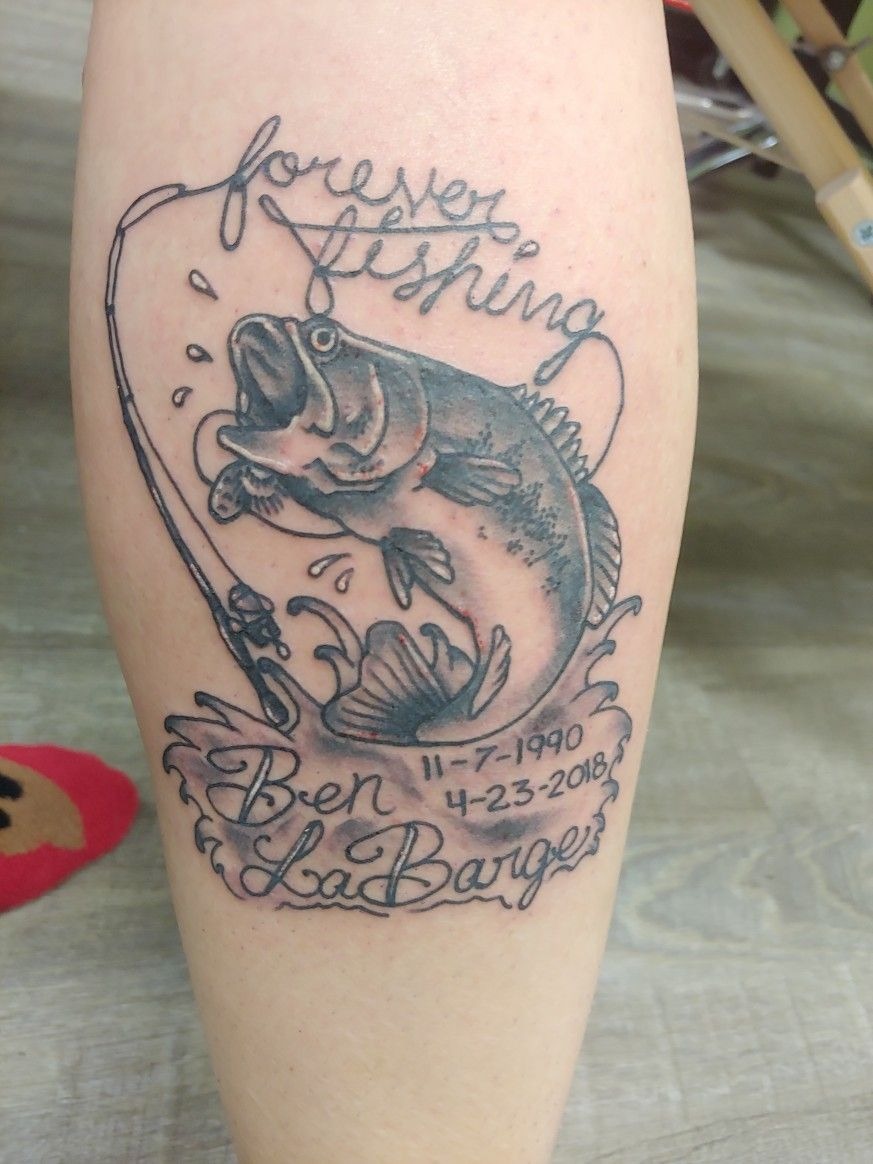 Forever Fishing Memorial Bass Tattoo, a tattoo design rendered in clean detailed linework.