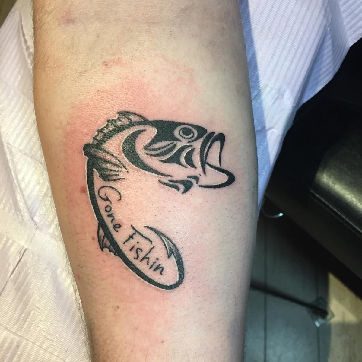 Gone Fishin Memorial Bass Tattoo, a tattoo design rendered in clean detailed linework.