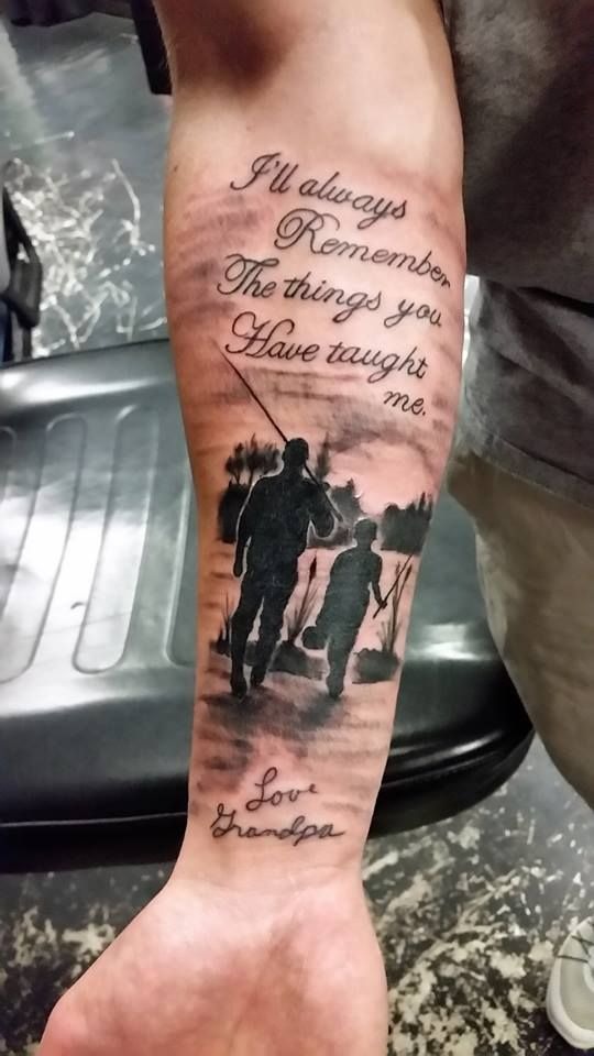 Grandpa Memorial Fishing Tribute, a tattoo design rendered in clean detailed linework for the hand.