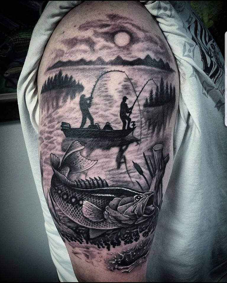 Realistic Bass Father-Son Scene, a tattoo design rendered in clean detailed linework for the rib.