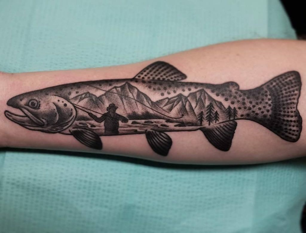 Realistic Trout Scenic Sleeve Design, a tattoo design rendered in clean detailed linework for the arm.