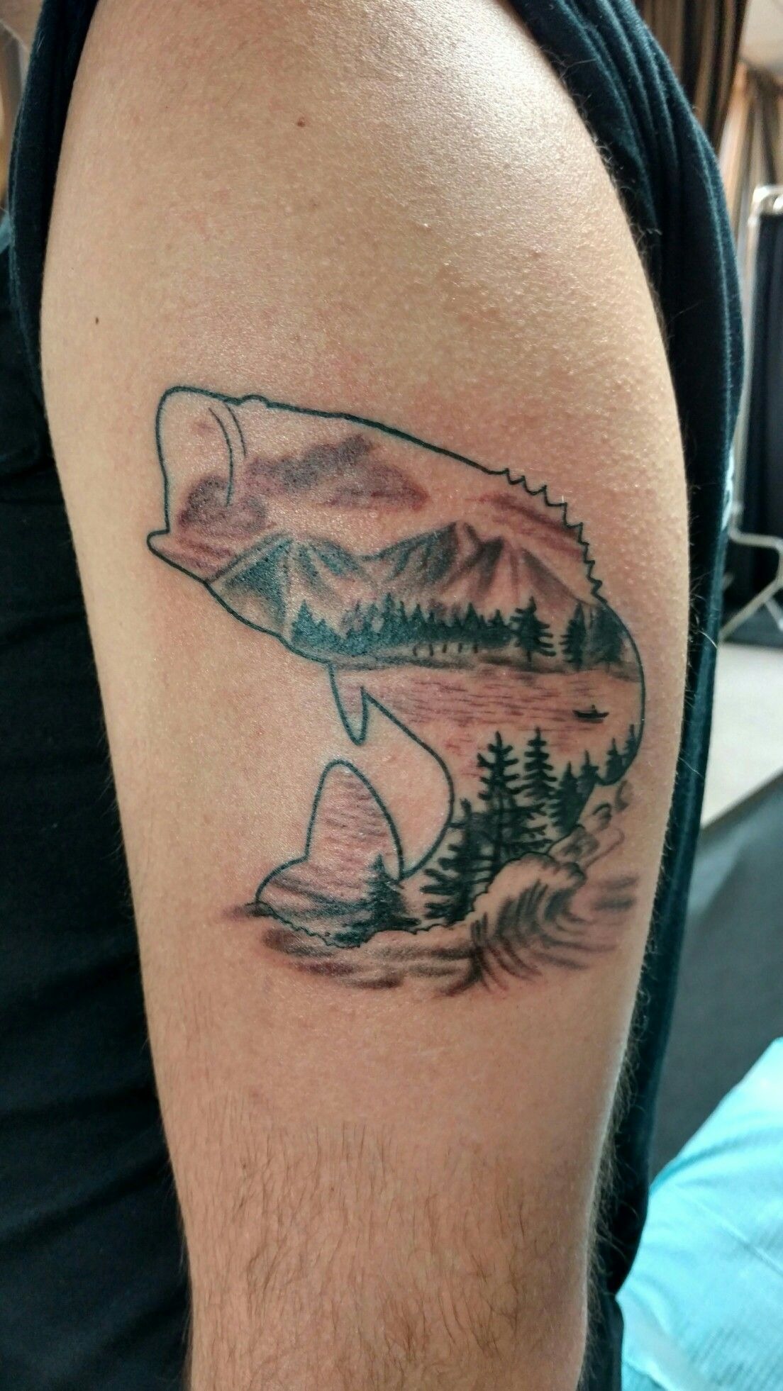 Scenic Bass Mountain Design, a tattoo design rendered in clean detailed linework.