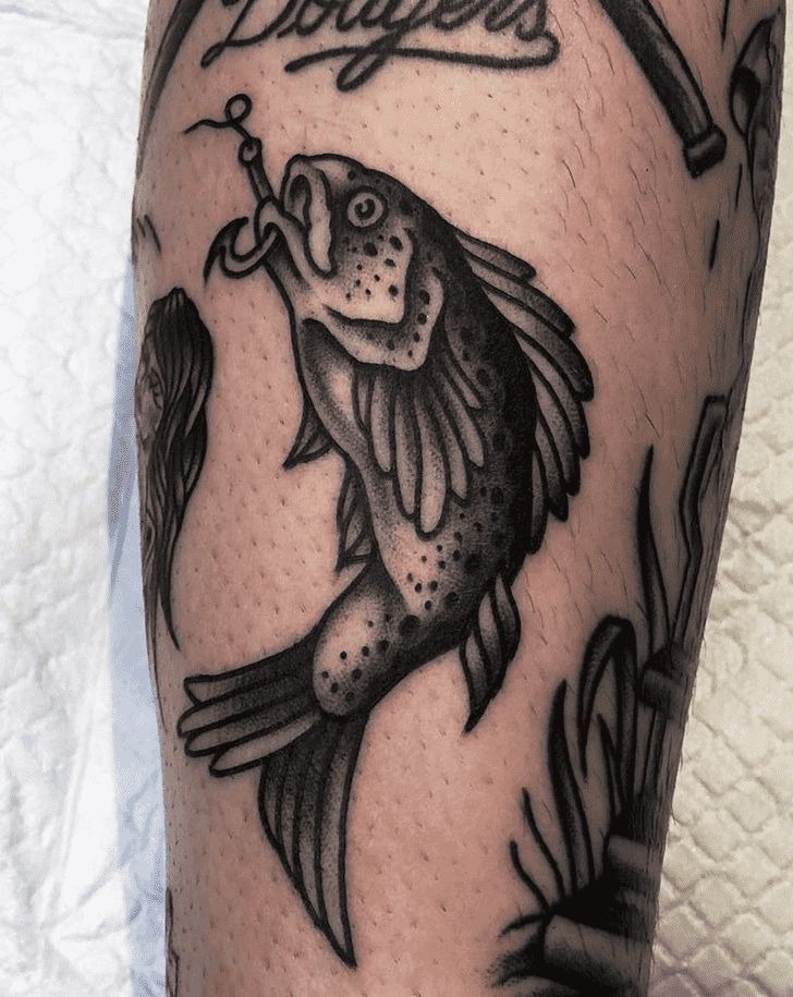Traditional Trout Hook Tattoo, a tattoo design rendered in bold.