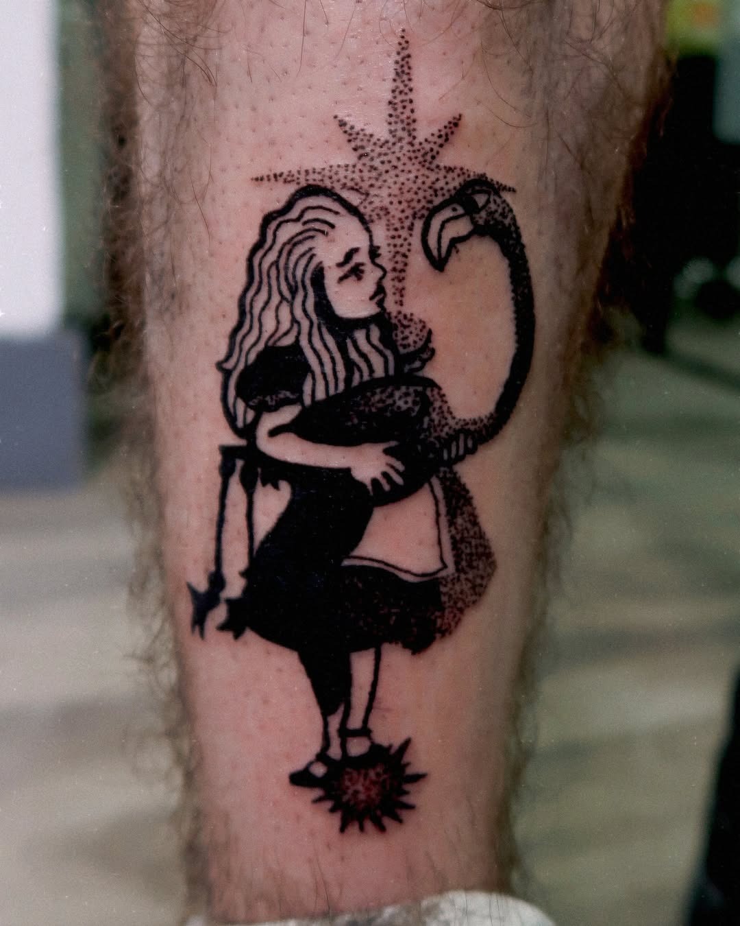 Artistic flamingo tattoo featuring a whimsical girl Tattoo Design