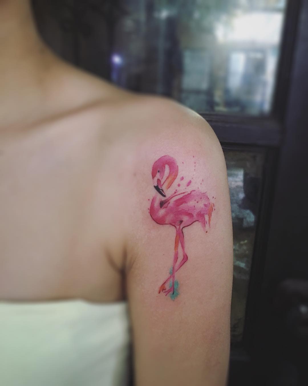 Colorful watercolor flamingo tattoo on shoulder Tattoo Design