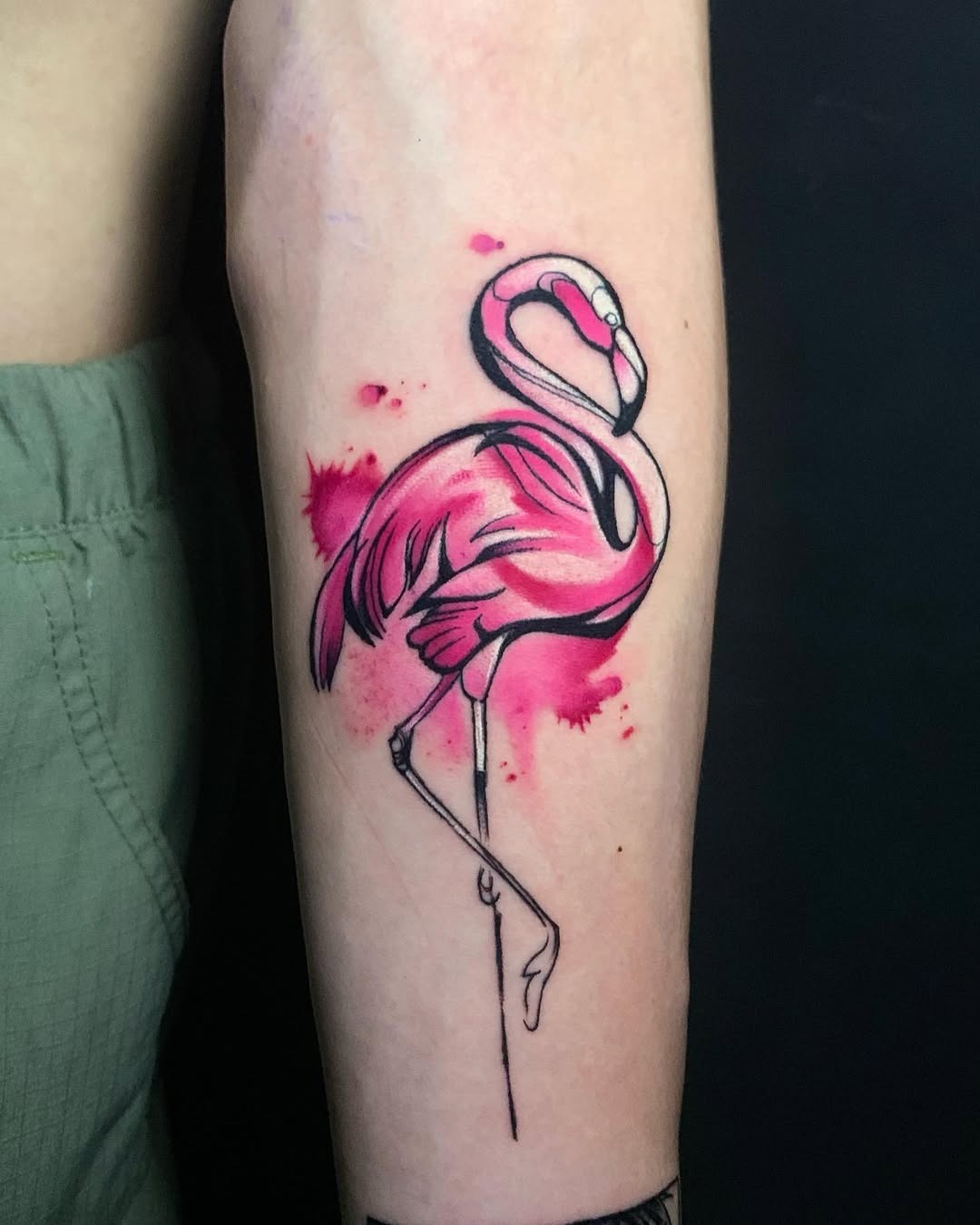 Elegant pink flamingo tattoo with watercolor splashes Tattoo Design
