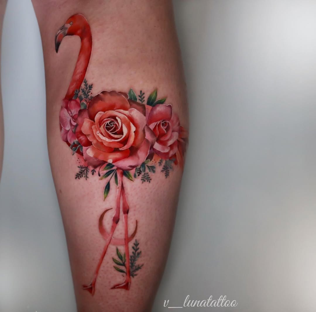 Flamingo tattoo adorned with vibrant roses Tattoo Design