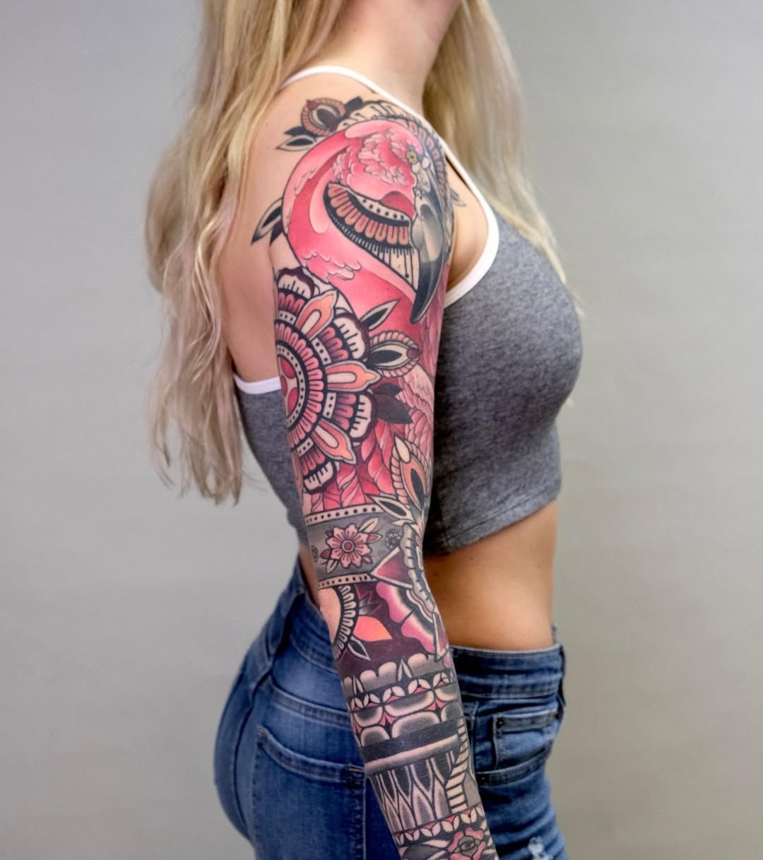 Vibrant flamingo full sleeve tattoo art Tattoo Design
