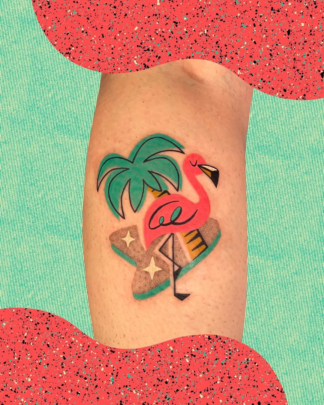 Vibrant Flamingo Tattoo Amid Palm Trees Tattoo Design