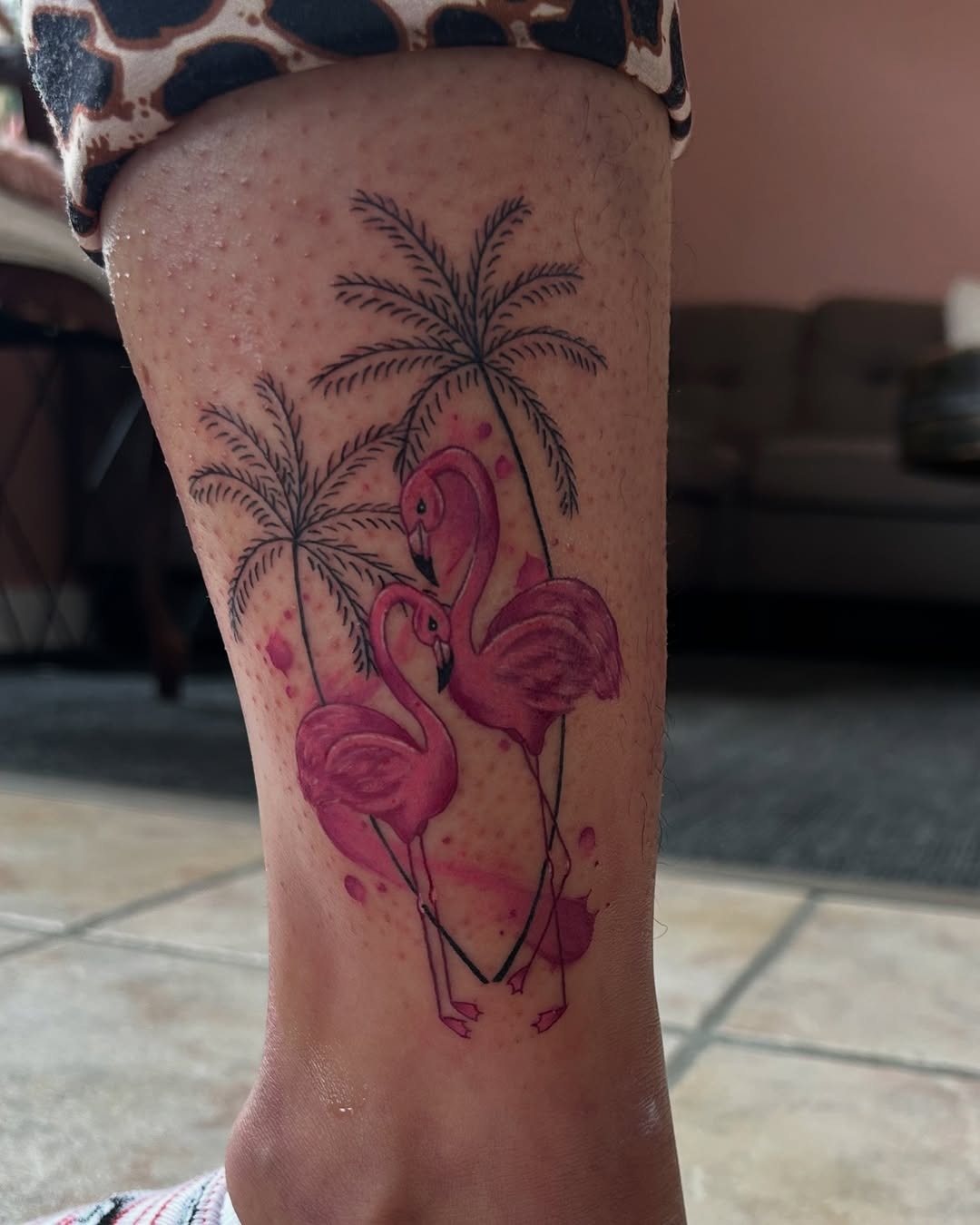 Vibrant Flamingo Tattoo with Palm Tree Vibe Tattoo Design