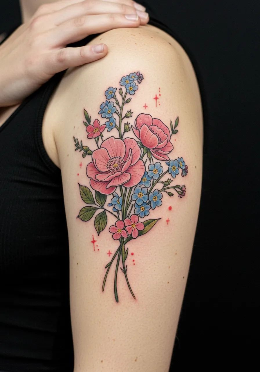Bright Birthday Flowers Bouquet With Little Sparkle Energy, a tattoo design rendered in clean detailed linework.
