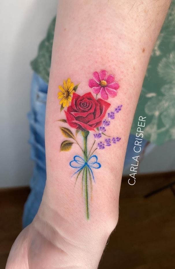 Color Bouquet With a Dainty Blue Bow, a tattoo design rendered in clean detailed linework for the arm.