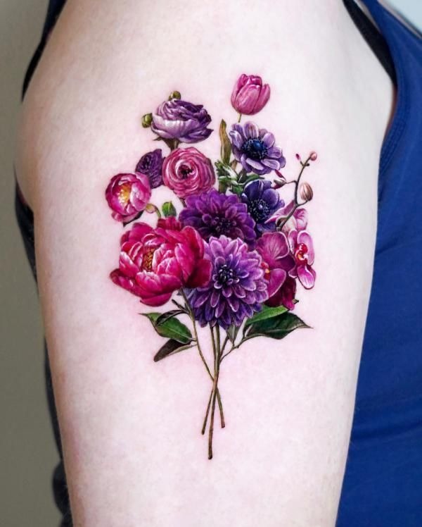 Jewel-Tone Bouquet That Looks Like a Real Arrangement, a tattoo design rendered in clean detailed linework.