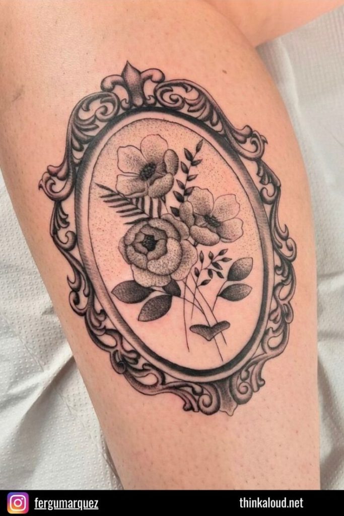 Ornate Frame Bouquet Tattoo With Vintage Charm, a tattoo design rendered in dotwork for the leg.