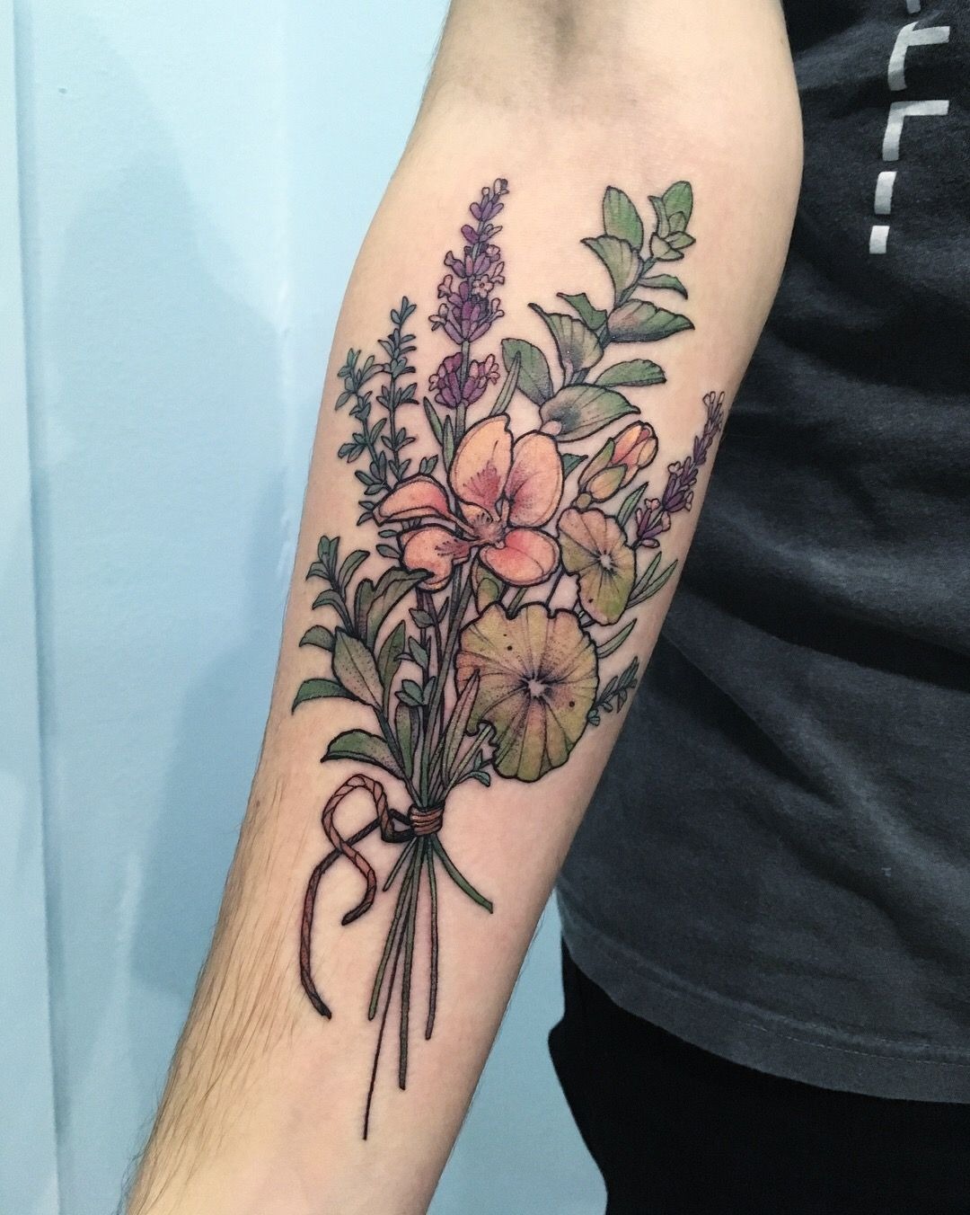 Soft Meadow Bouquet With a Loose Bow, a tattoo design rendered in clean detailed linework for the rib.