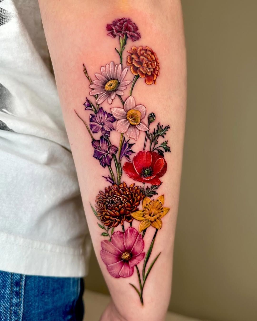 Vertical Mixed Bouquet for a Bold, Happy Pop of Color, a tattoo design rendered in clean detailed linework.